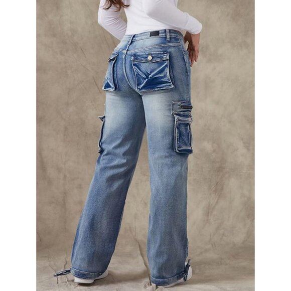 Women Cargo Jeans Drawstring Flap Pockets Low Waist Summer Casual - Picture 3 of 5